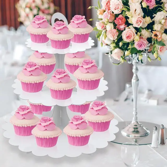 Alt view image 2 of 7 - White Cupcake Stand Tower, 3-Tier Cardboard Dessert Display with Heart Handle,Perfect for Birthday Baby Shower Wedding Tea Party Graduation, Easy 60-Second Assembly, Holds 12+Cupcakes (1-Pack)