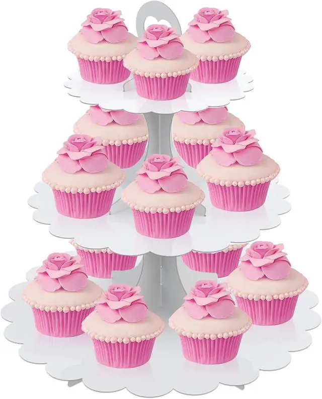 Main image of White Cupcake Stand Tower, 3-Tier Cardboard Dessert Display with Heart Handle,Perfect for Birthday Baby Shower Wedding Tea Party Graduation, Easy 60-Second Assembly, Holds 12+Cupcakes (1-Pack)