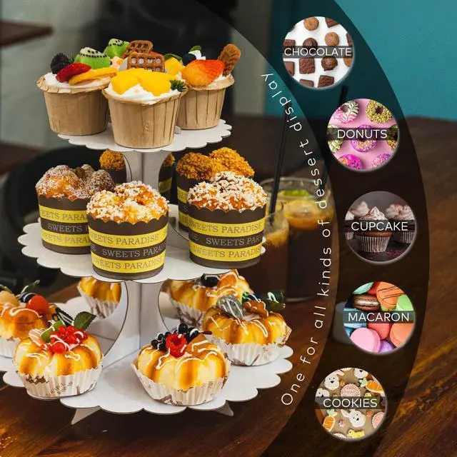 Alt view image 4 of 7 - White Cupcake Stand Tower, 3-Tier Cardboard Dessert Display with Heart Handle,Perfect for Birthday Baby Shower Wedding Tea Party Graduation, Easy 60-Second Assembly, Holds 12+Cupcakes (1-Pack)