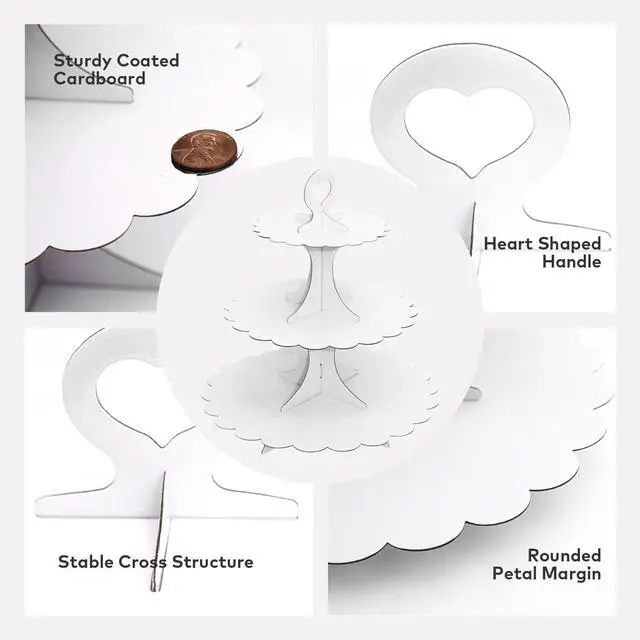 Alt view image 7 of 7 - White Cupcake Stand Tower, 3-Tier Cardboard Dessert Display with Heart Handle,Perfect for Birthday Baby Shower Wedding Tea Party Graduation, Easy 60-Second Assembly, Holds 12+Cupcakes (1-Pack)