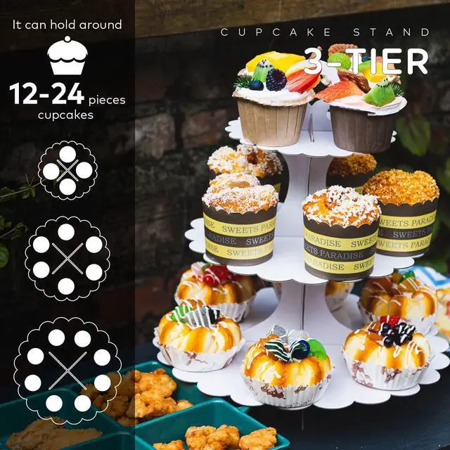 Alt view image 6 of 7 - White Cupcake Stand Tower, 3-Tier Cardboard Dessert Display with Heart Handle,Perfect for Birthday Baby Shower Wedding Tea Party Graduation, Easy 60-Second Assembly, Holds 12+Cupcakes (1-Pack)