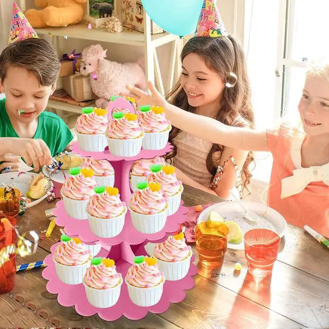 Alt view image 3 of 7 - 3-Tier Pink Cupcake Stand, Heart Handle Dessert Display Tower, Perfect for Girl Birthday Baby Shower Small Parties, Easy Assembly (1-Pack)