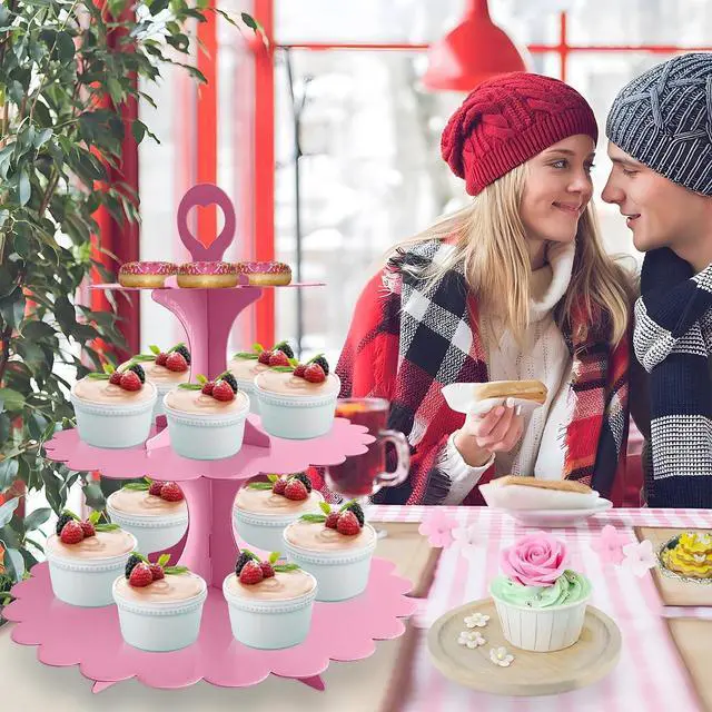 Alt view image 4 of 7 - 3-Tier Pink Cupcake Stand, Heart Handle Dessert Display Tower, Perfect for Girl Birthday Baby Shower Small Parties, Easy Assembly (1-Pack)