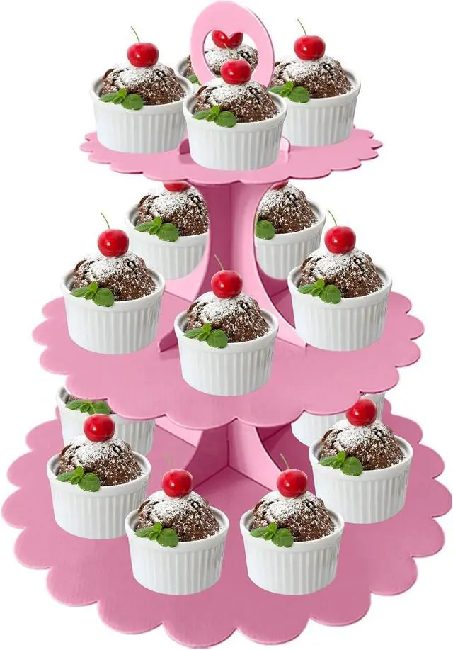Main image of 3-Tier Pink Cupcake Stand, Heart Handle Dessert Display Tower, Perfect for Girl Birthday Baby Shower Small Parties, Easy Assembly (1-Pack)