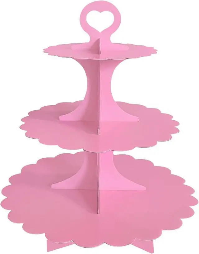 Alt view image 2 of 7 - 3-Tier Pink Cupcake Stand, Heart Handle Dessert Display Tower, Perfect for Girl Birthday Baby Shower Small Parties, Easy Assembly (1-Pack)