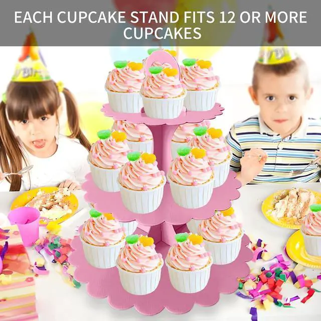 Alt view image 6 of 7 - 3-Tier Pink Cupcake Stand, Heart Handle Dessert Display Tower, Perfect for Girl Birthday Baby Shower Small Parties, Easy Assembly (1-Pack)