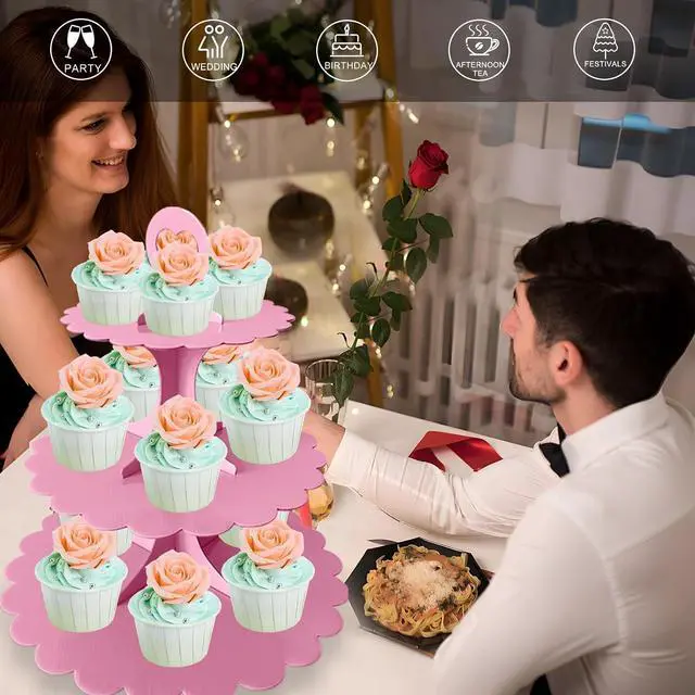 Alt view image 5 of 7 - 3-Tier Pink Cupcake Stand, Heart Handle Dessert Display Tower, Perfect for Girl Birthday Baby Shower Small Parties, Easy Assembly (1-Pack)