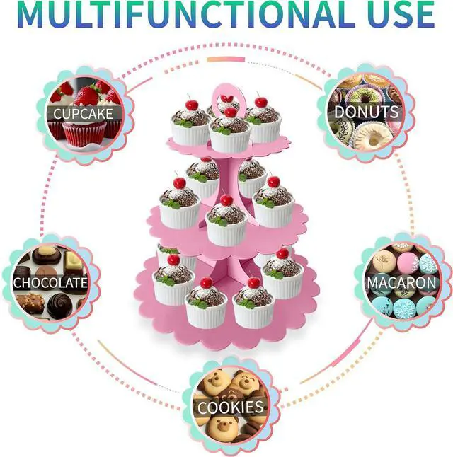 Alt view image 7 of 7 - 3-Tier Pink Cupcake Stand, Heart Handle Dessert Display Tower, Perfect for Girl Birthday Baby Shower Small Parties, Easy Assembly (1-Pack)