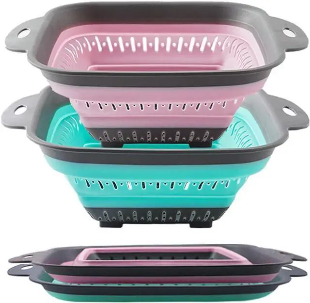 Main image of Collapsible Colander Set, Square Round Triangles Silicone Kitchen Strainer Perfect for Draining Pasta Vegetable fruit 2 PCS (10.8"L x 8.6"W x 2"H, Red & Green)