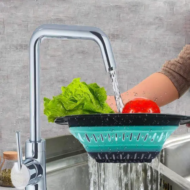 Alt view image 3 of 7 - Collapsible Colander Set, Square Round Triangles Silicone Kitchen Strainer Perfect for Draining Pasta Vegetable fruit 2 PCS (10.8"L x 8.6"W x 2"H, Red & Green)