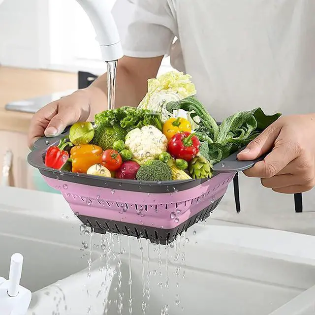 Alt view image 4 of 7 - Collapsible Colander Set, Square Round Triangles Silicone Kitchen Strainer Perfect for Draining Pasta Vegetable fruit 2 PCS (10.8"L x 8.6"W x 2"H, Red & Green)