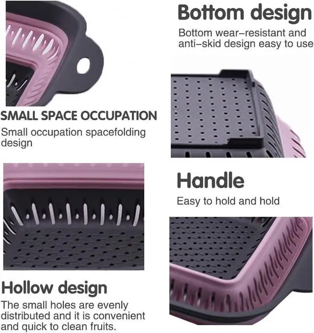 Alt view image 5 of 7 - Collapsible Colander Set, Square Round Triangles Silicone Kitchen Strainer Perfect for Draining Pasta Vegetable fruit 2 PCS (10.8"L x 8.6"W x 2"H, Red & Green)