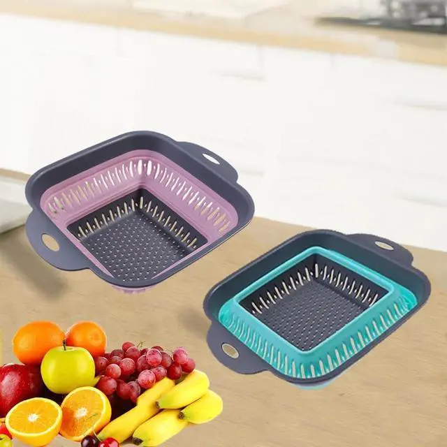 Alt view image 7 of 7 - Collapsible Colander Set, Square Round Triangles Silicone Kitchen Strainer Perfect for Draining Pasta Vegetable fruit 2 PCS (10.8"L x 8.6"W x 2"H, Red & Green)
