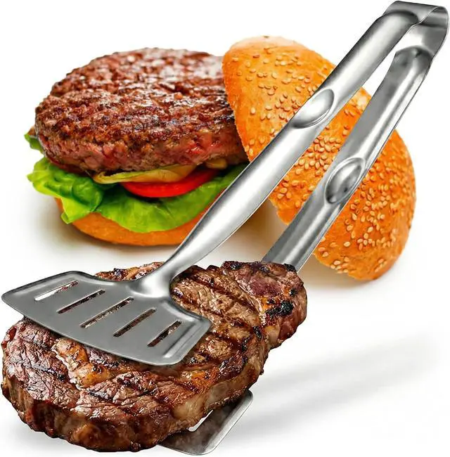 Main image of Grip Right Turner Tongs Kitchen Discovery Dual Spatulas for Safe Lifting of Fish, Burgers, Pancakes, Cutlets Stainless Steel Barbecue Tongs for Easy Flipping