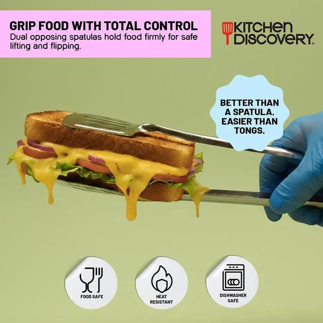Alt view image 2 of 7 - Grip Right Turner Tongs Kitchen Discovery Dual Spatulas for Safe Lifting of Fish, Burgers, Pancakes, Cutlets Stainless Steel Barbecue Tongs for Easy Flipping