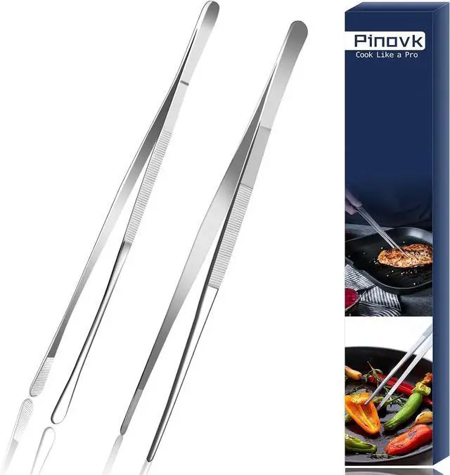 Main image of Pinovk 2 Pcs 12-Inch Kitchen Tweezers, Extra-Long Stainless Steel Cooking Tweezer Tongs for Plating, Roasting, Serving Food, Silver