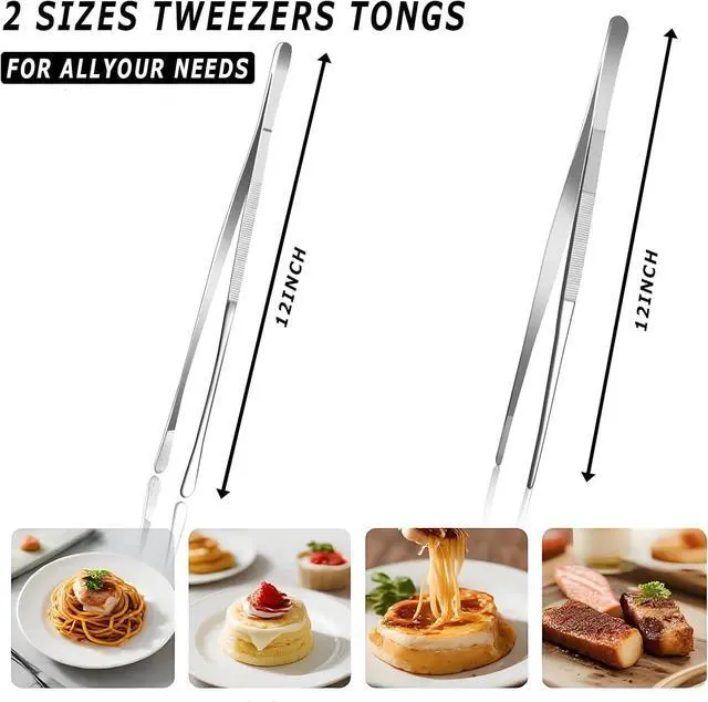 Alt view image 2 of 7 - Pinovk 2 Pcs 12-Inch Kitchen Tweezers, Extra-Long Stainless Steel Cooking Tweezer Tongs for Plating, Roasting, Serving Food, Silver