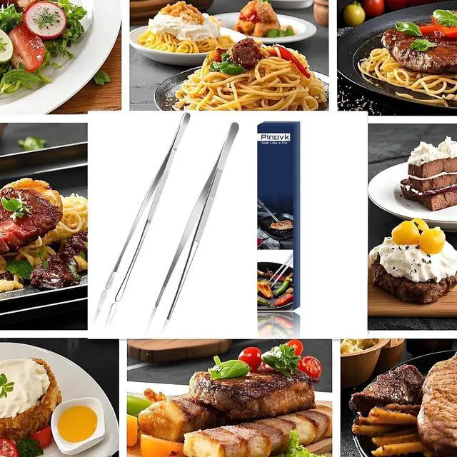 Alt view image 7 of 7 - Pinovk 2 Pcs 12-Inch Kitchen Tweezers, Extra-Long Stainless Steel Cooking Tweezer Tongs for Plating, Roasting, Serving Food, Silver