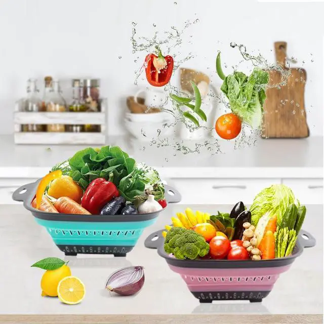 Alt view image 6 of 7 - Collapsible Colander Set, Square Round Triangles Silicone Kitchen Strainer Perfect for Draining Pasta Vegetable fruit 2 PCS (10.8"L x 8.6"W x 2"H, Red & Green)