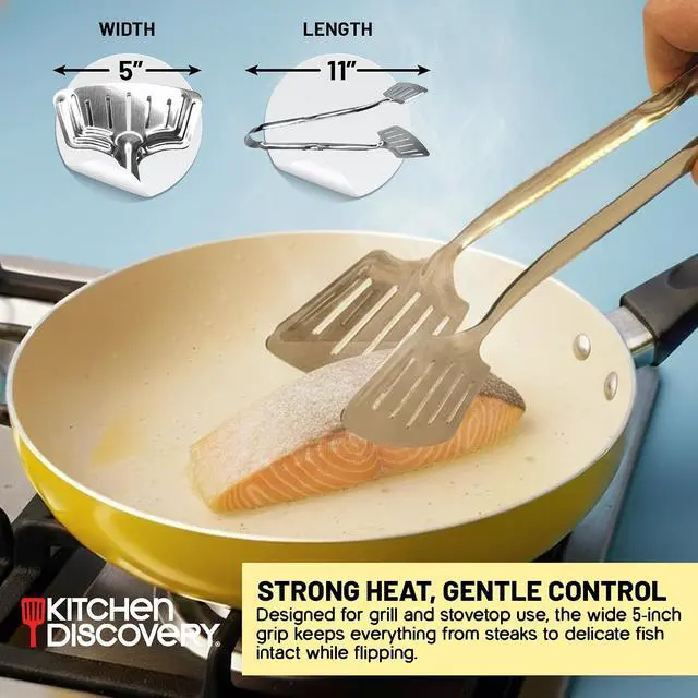 Alt view image 3 of 7 - Grip Right Turner Tongs Kitchen Discovery Dual Spatulas for Safe Lifting of Fish, Burgers, Pancakes, Cutlets Stainless Steel Barbecue Tongs for Easy Flipping