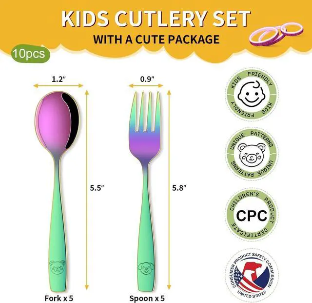 Alt view image 2 of 7 - DEHOV Rainbow Toddler Eating Utensils Set,Set Of 12 Food Grade Stainless Steel Silverware Sets For Kids,Dishwasher Safe Children Small Metal Spoons And Forks Flatware Sets