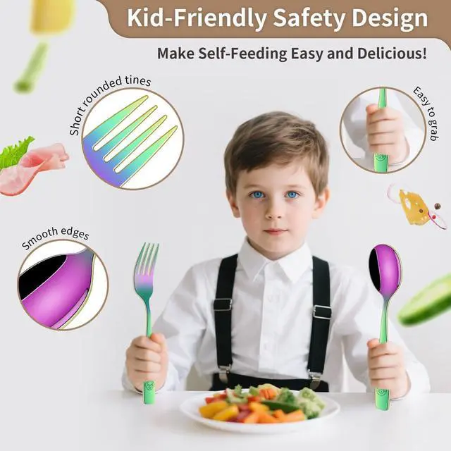 Alt view image 3 of 7 - DEHOV Rainbow Toddler Eating Utensils Set,Set Of 12 Food Grade Stainless Steel Silverware Sets For Kids,Dishwasher Safe Children Small Metal Spoons And Forks Flatware Sets