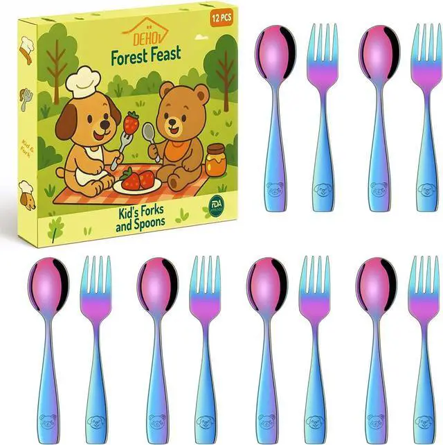 Main image of DEHOV Rainbow Toddler Eating Utensils Set,Set Of 12 Food Grade Stainless Steel Silverware Sets For Kids,Dishwasher Safe Children Small Metal Spoons And Forks Flatware Sets