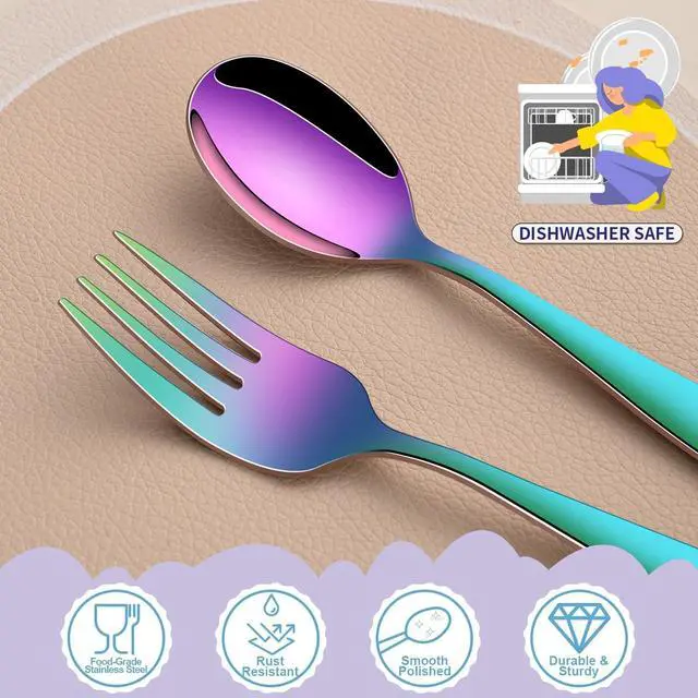 Alt view image 4 of 7 - DEHOV Rainbow Toddler Eating Utensils Set,Set Of 12 Food Grade Stainless Steel Silverware Sets For Kids,Dishwasher Safe Children Small Metal Spoons And Forks Flatware Sets