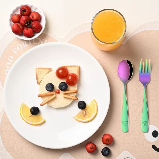 Alt view image 6 of 7 - DEHOV Rainbow Toddler Eating Utensils Set,Set Of 12 Food Grade Stainless Steel Silverware Sets For Kids,Dishwasher Safe Children Small Metal Spoons And Forks Flatware Sets