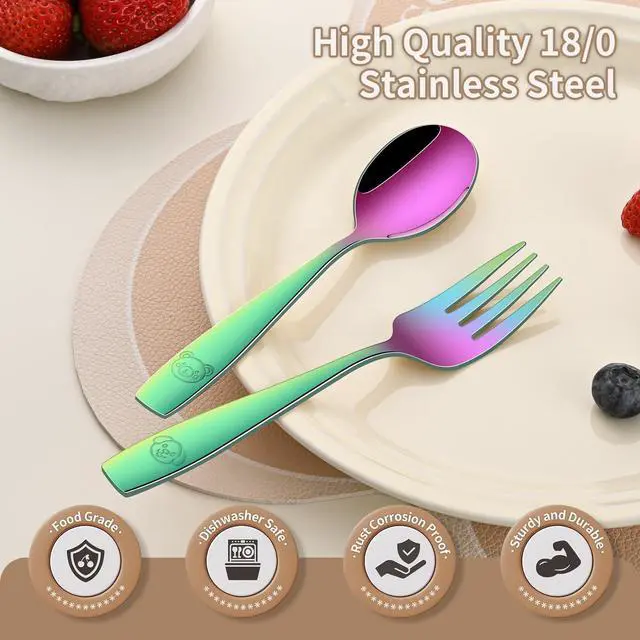 Alt view image 5 of 7 - DEHOV Rainbow Toddler Eating Utensils Set,Set Of 12 Food Grade Stainless Steel Silverware Sets For Kids,Dishwasher Safe Children Small Metal Spoons And Forks Flatware Sets