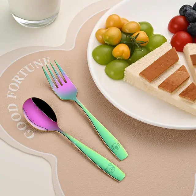 Alt view image 7 of 7 - DEHOV Rainbow Toddler Eating Utensils Set,Set Of 12 Food Grade Stainless Steel Silverware Sets For Kids,Dishwasher Safe Children Small Metal Spoons And Forks Flatware Sets