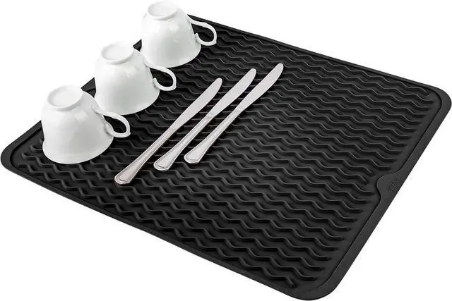 Main image of Oizeir Silicone Dish Drying Mat - Drain Hole, Non-Slip, Heat Resistant, Foldable. Great for Dishes, Kitchen Sink, Counter Top, Fridge Drawer Liner or Trivet for Hot Pots. (16" X 20" | Black)
