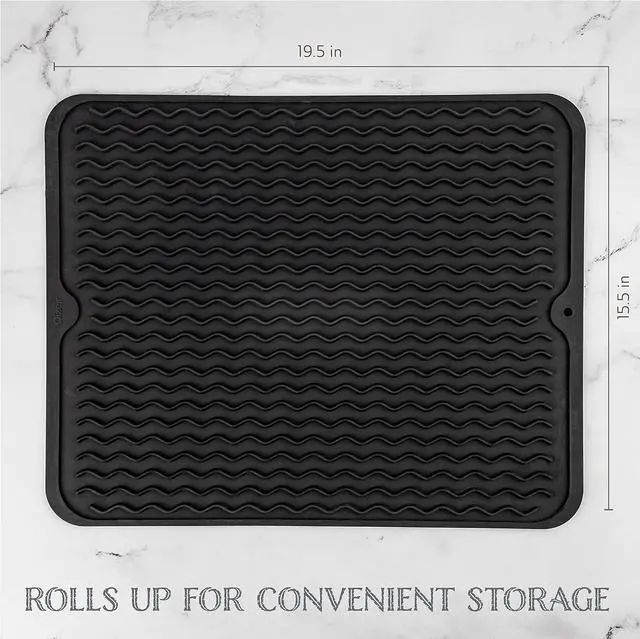 Alt view image 2 of 6 - Oizeir Silicone Dish Drying Mat - Drain Hole, Non-Slip, Heat Resistant, Foldable. Great for Dishes, Kitchen Sink, Counter Top, Fridge Drawer Liner or Trivet for Hot Pots. (16" X 20" | Black)