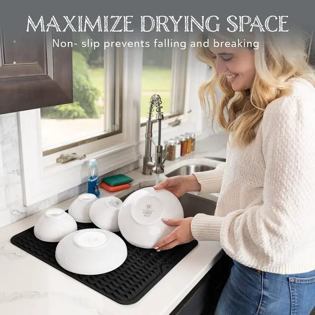 Alt view image 3 of 6 - Oizeir Silicone Dish Drying Mat - Drain Hole, Non-Slip, Heat Resistant, Foldable. Great for Dishes, Kitchen Sink, Counter Top, Fridge Drawer Liner or Trivet for Hot Pots. (16" X 20" | Black)