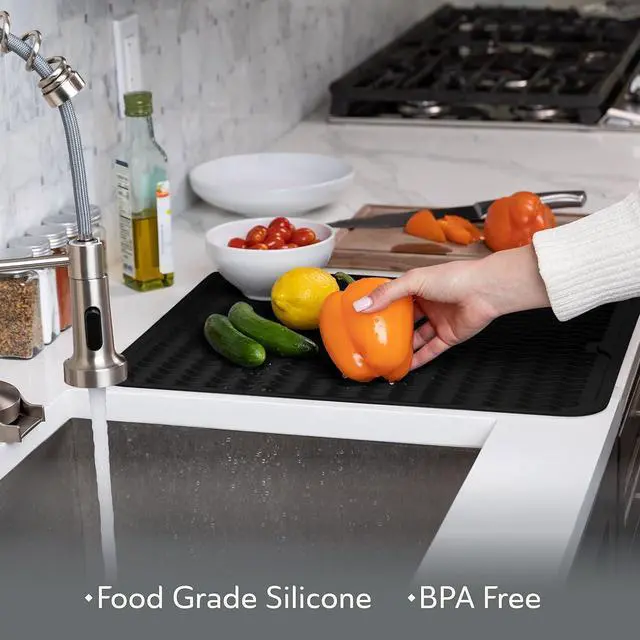 Alt view image 4 of 6 - Oizeir Silicone Dish Drying Mat - Drain Hole, Non-Slip, Heat Resistant, Foldable. Great for Dishes, Kitchen Sink, Counter Top, Fridge Drawer Liner or Trivet for Hot Pots. (16" X 20" | Black)