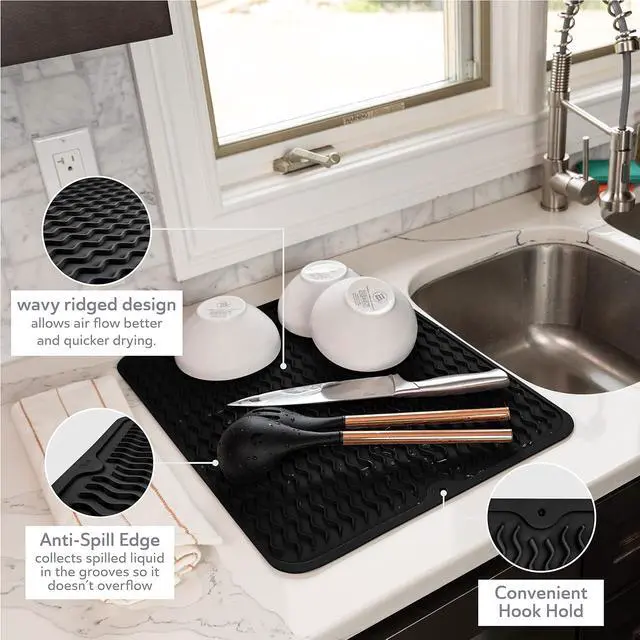 Alt view image 5 of 6 - Oizeir Silicone Dish Drying Mat - Drain Hole, Non-Slip, Heat Resistant, Foldable. Great for Dishes, Kitchen Sink, Counter Top, Fridge Drawer Liner or Trivet for Hot Pots. (16" X 20" | Black)