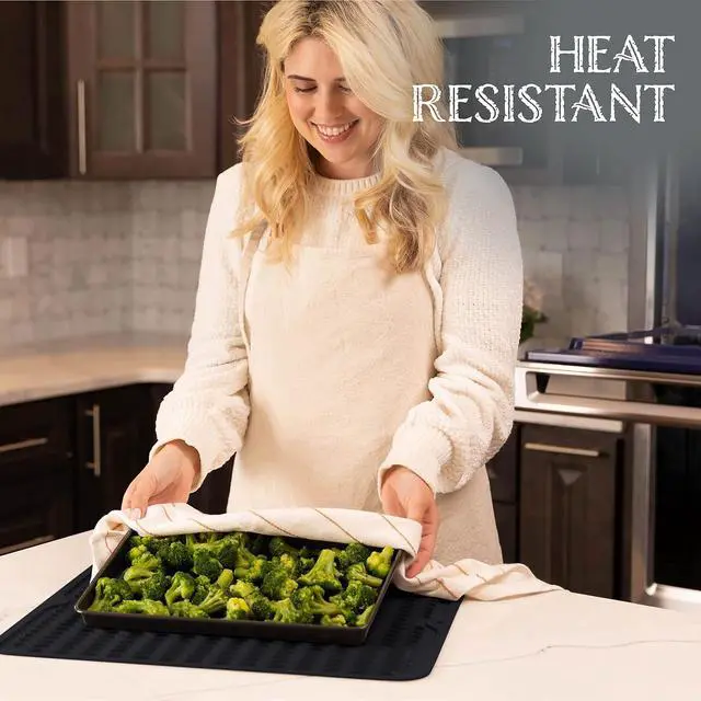 Alt view image 6 of 6 - Oizeir Silicone Dish Drying Mat - Drain Hole, Non-Slip, Heat Resistant, Foldable. Great for Dishes, Kitchen Sink, Counter Top, Fridge Drawer Liner or Trivet for Hot Pots. (16" X 20" | Black)