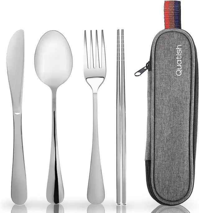 Main image of Travel Utensils with Case, Quatish Portable Silverware Set for Work, Stainless Steel Reusable Travel Cutlery, Fork and Spoon Set for Camping, Picnic, Gadgets, Lunch Box for Men, Christmas Gift, Silver
