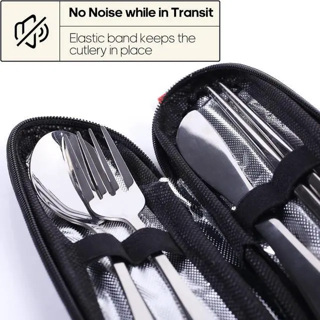 Alt view image 3 of 7 - Travel Utensils with Case, Quatish Portable Silverware Set for Work, Stainless Steel Reusable Travel Cutlery, Fork and Spoon Set for Camping, Picnic, Gadgets, Lunch Box for Men, Christmas Gift, Silver