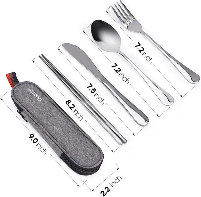 Alt view image 7 of 7 - Travel Utensils with Case, Quatish Portable Silverware Set for Work, Stainless Steel Reusable Travel Cutlery, Fork and Spoon Set for Camping, Picnic, Gadgets, Lunch Box for Men, Christmas Gift, Silver