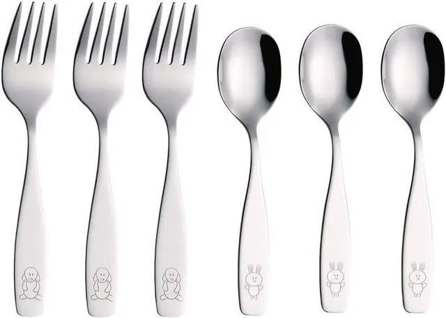 Main image of ANNOVA Kids Silverware 6 Pieces Children's Safe Flatware Set Stainless Steel - 3 x Forks, 3 x Children Dinner Spoons, Toddler Utensils, Metal Cutlery Set for LunchBox (Engraved Dog Bunny)