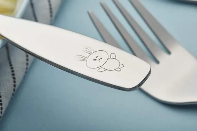 Alt view image 5 of 6 - ANNOVA Kids Silverware 6 Pieces Children's Safe Flatware Set Stainless Steel - 3 x Forks, 3 x Children Dinner Spoons, Toddler Utensils, Metal Cutlery Set for LunchBox (Engraved Dog Bunny)