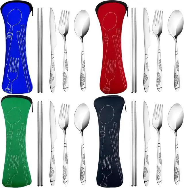 Alt view image 2 of 7 - 20PCS Premium Travel Utensils With Case, Stainless Steel Reusable Portable Utensils Set With Case, Lengnoyp Travel Silverware Set With Case for Lunch Box Camping, Silver