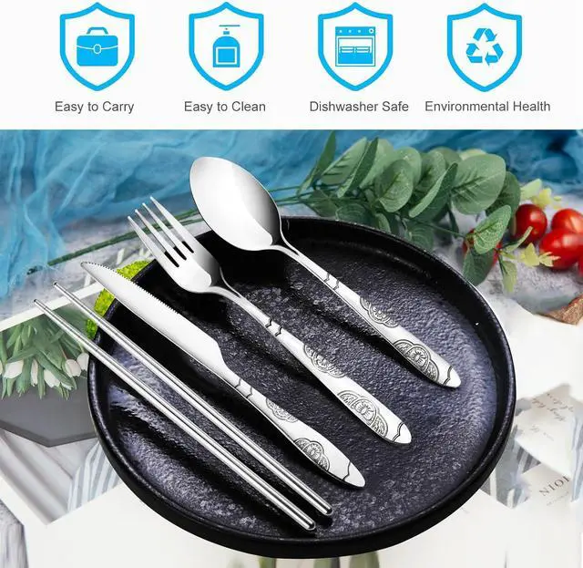 Alt view image 3 of 7 - 20PCS Premium Travel Utensils With Case, Stainless Steel Reusable Portable Utensils Set With Case, Lengnoyp Travel Silverware Set With Case for Lunch Box Camping, Silver