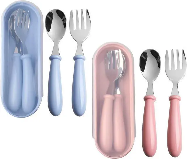 Main image of 4 Pcs Toddler Fork and Spoon Set with Case, Stainless Steel, Blue Pink