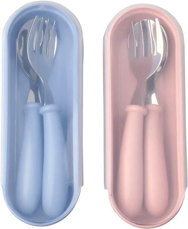 Alt view image 2 of 7 - 4 Pcs Toddler Fork and Spoon Set with Case, Stainless Steel, Blue Pink
