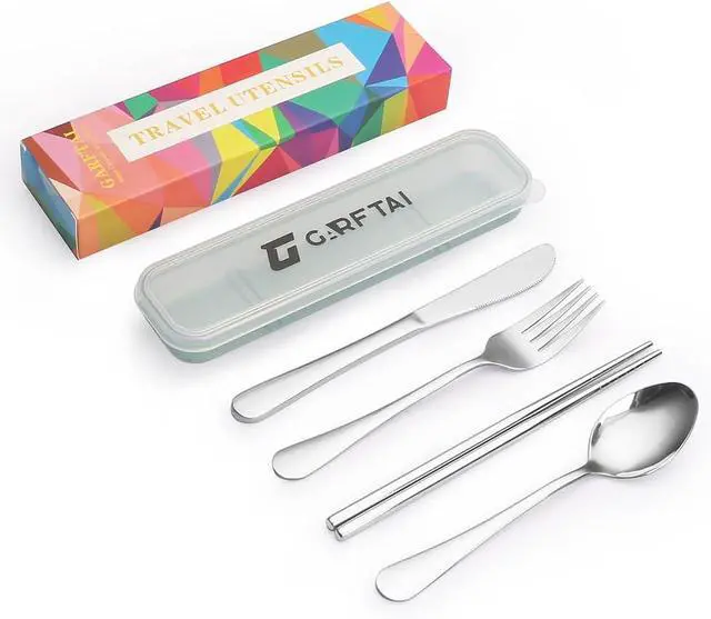Main image of Portable travel utensils set with case.4Pcs Stainless steel silverware travel set. Reusable camping utensils silverware.Include knife fork spoon chopsticks with case(Silver)
