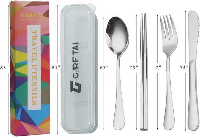 Alt view image 2 of 7 - Portable travel utensils set with case.4Pcs Stainless steel silverware travel set. Reusable camping utensils silverware.Include knife fork spoon chopsticks with case(Silver)