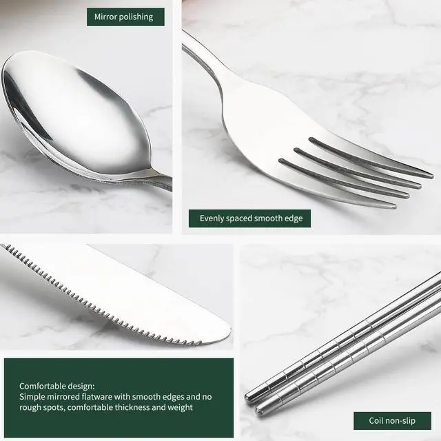 Alt view image 6 of 7 - Portable travel utensils set with case.4Pcs Stainless steel silverware travel set. Reusable camping utensils silverware.Include knife fork spoon chopsticks with case(Silver)