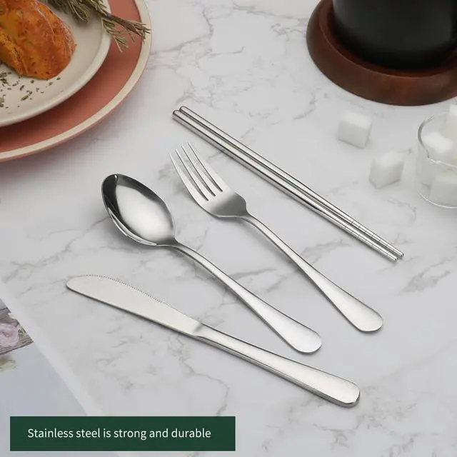 Alt view image 5 of 7 - Portable travel utensils set with case.4Pcs Stainless steel silverware travel set. Reusable camping utensils silverware.Include knife fork spoon chopsticks with case(Silver)